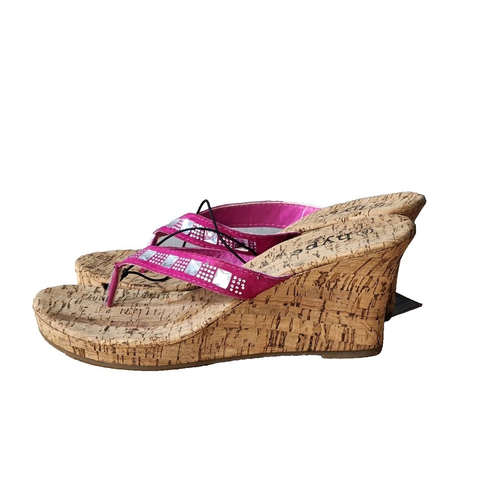 NEW Hype Womens Cork Wedge Sandals Size 8 Pink/Brown 3.25" High‎ Heel